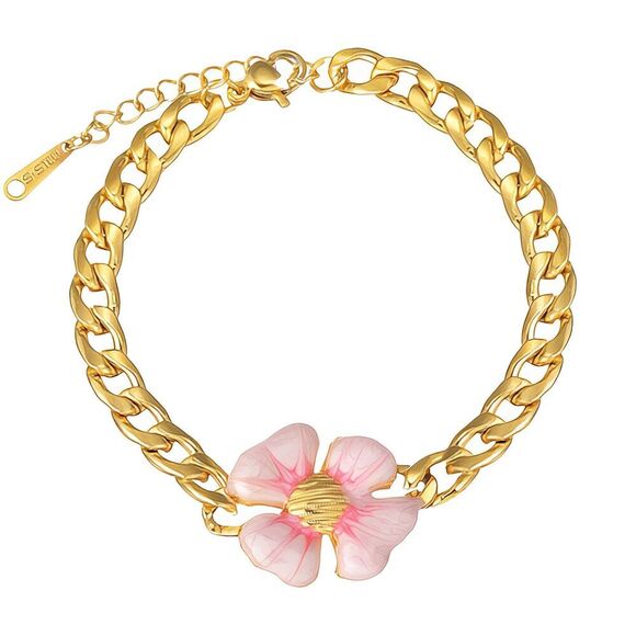 18K Gold Plated Women's Bracelet with Pink Flower Hypoallergenic Waterproof - Picture 3 of 10